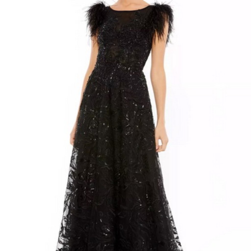 Mac Duggal Black Feather Cap Sleeve Embroidered Beaded ALine Gown
